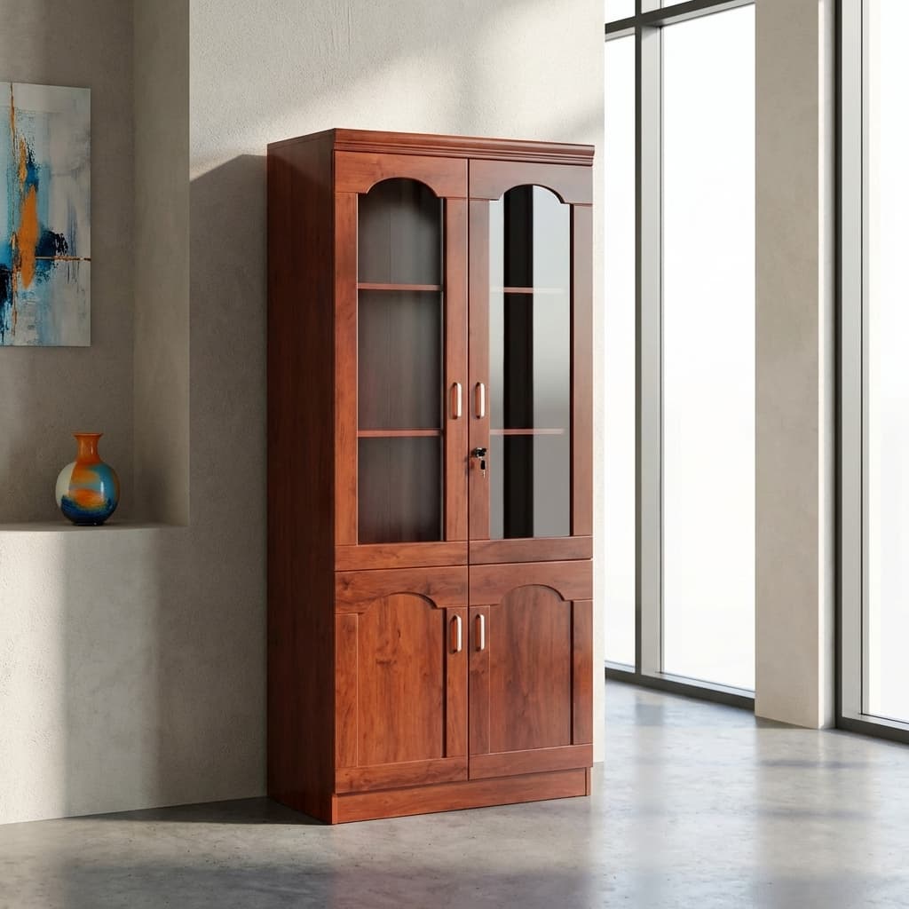 2-door mahogany wooden filing cabinet with glass display doors, locking storage cupboards, and adjustable shelves.