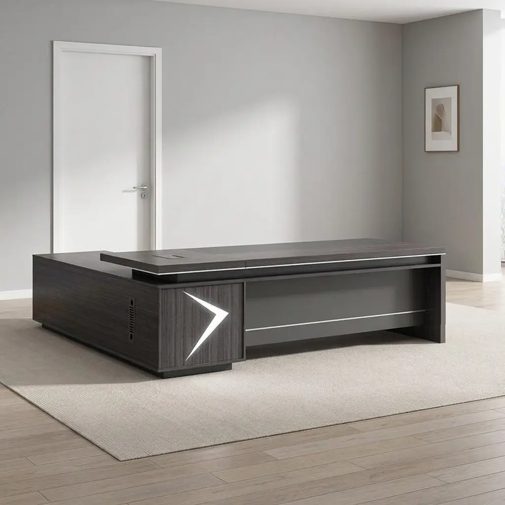 Modern 1.6m L-shaped executive desk in charcoal dark wood with integrated side return storage cabinet and grey modesty panel for home or corporate office.