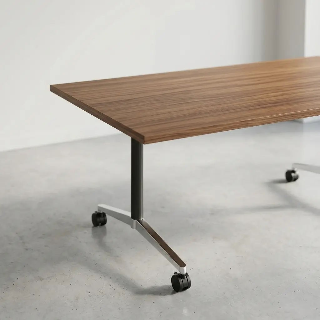 Modern 2.4m foldable conference table in a walnut wood grain finish, shown in a flipped vertical space-saving position with a mobile chrome leg base on wheels.