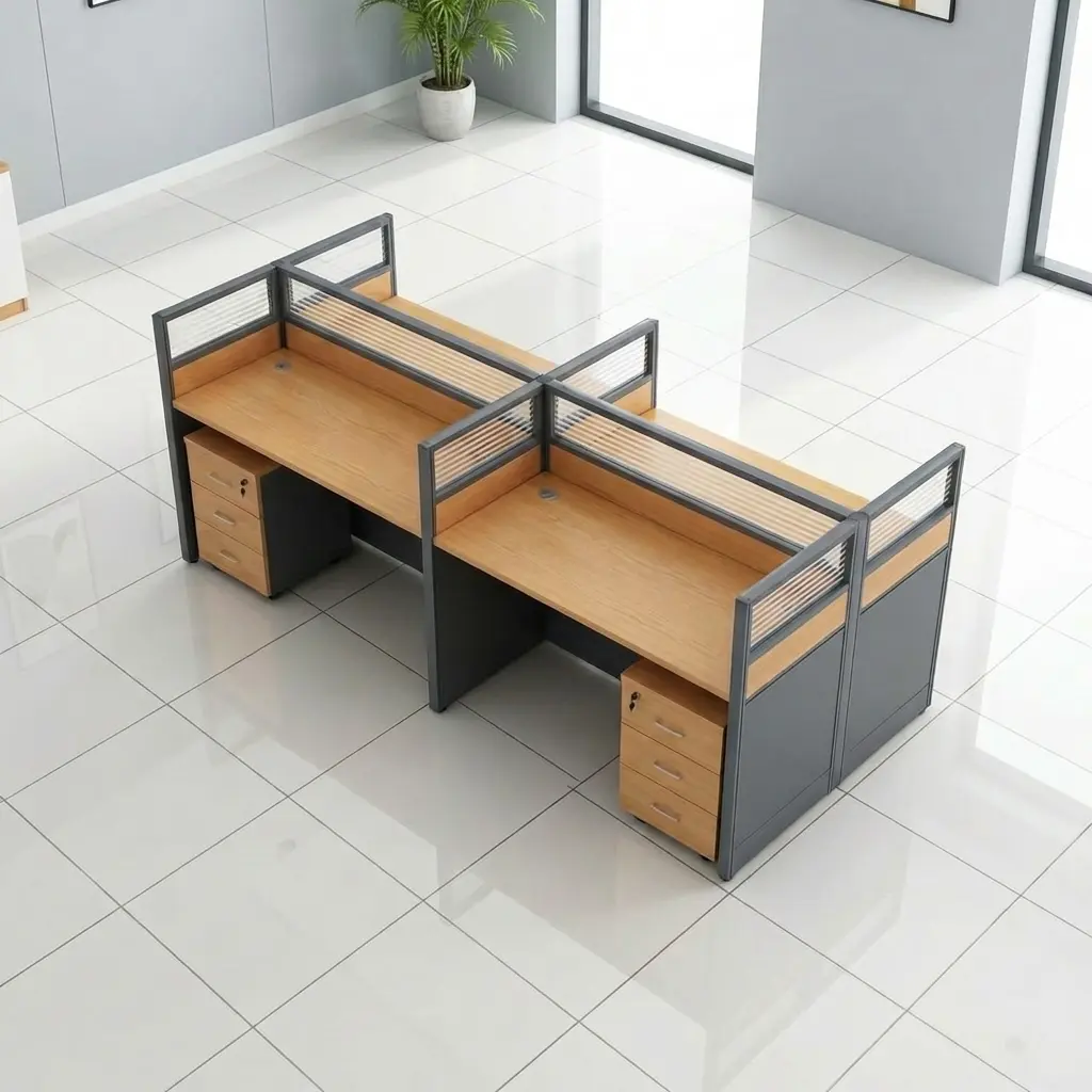 4-way office workstation desk with oak wood finish, privacy glass partitions, and integrated 3-drawer mobile pedestals.