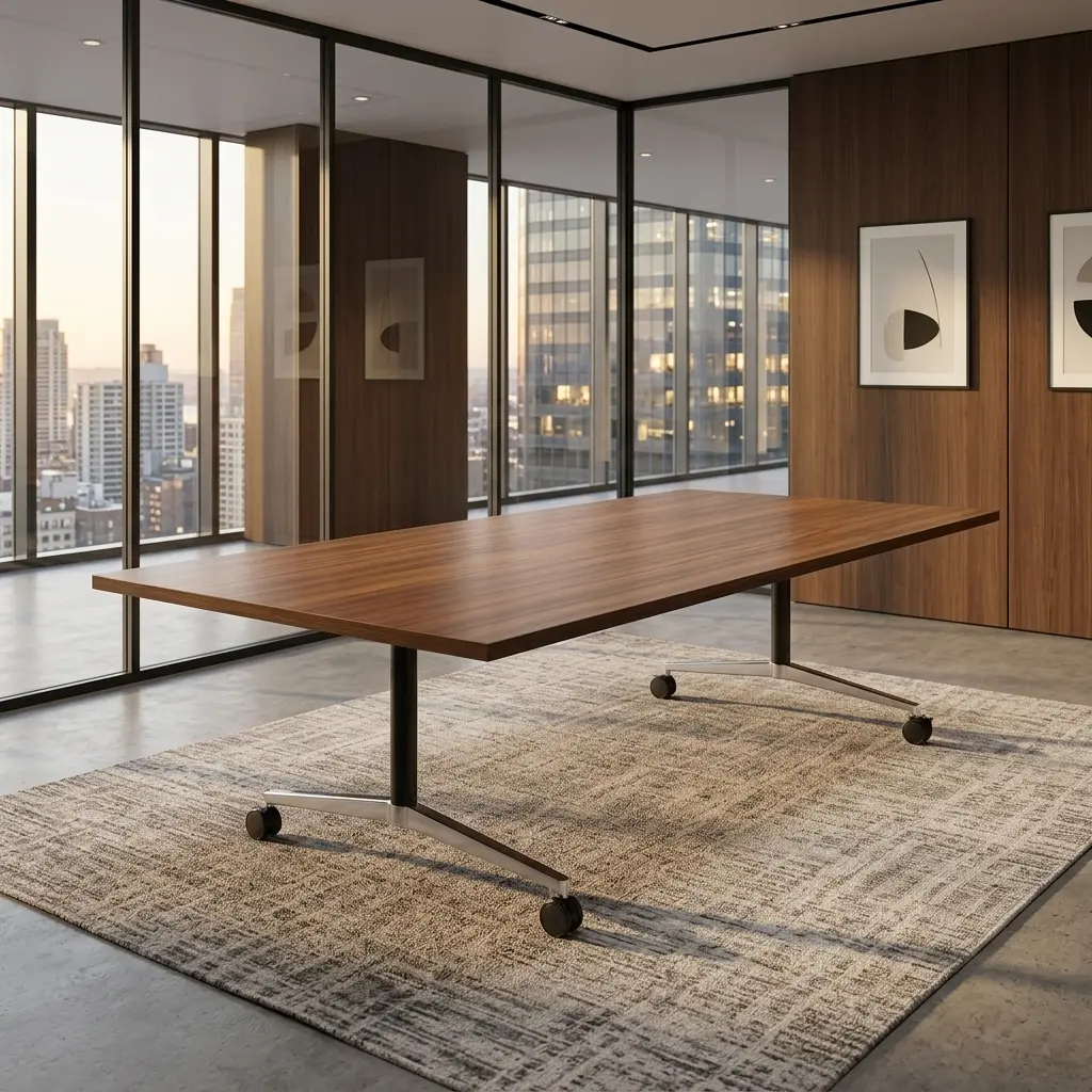 Modern 2.4m foldable conference table in a walnut wood grain finish, shown in a flipped vertical space-saving position with a mobile chrome leg base on wheels.