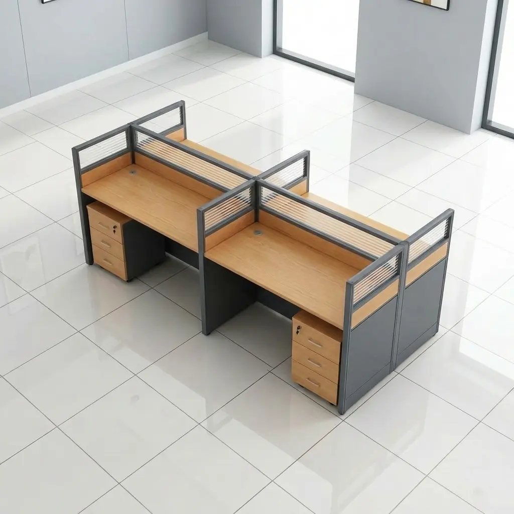 4-way office workstation desk with oak wood finish, privacy glass partitions, and integrated 3-drawer mobile pedestals.