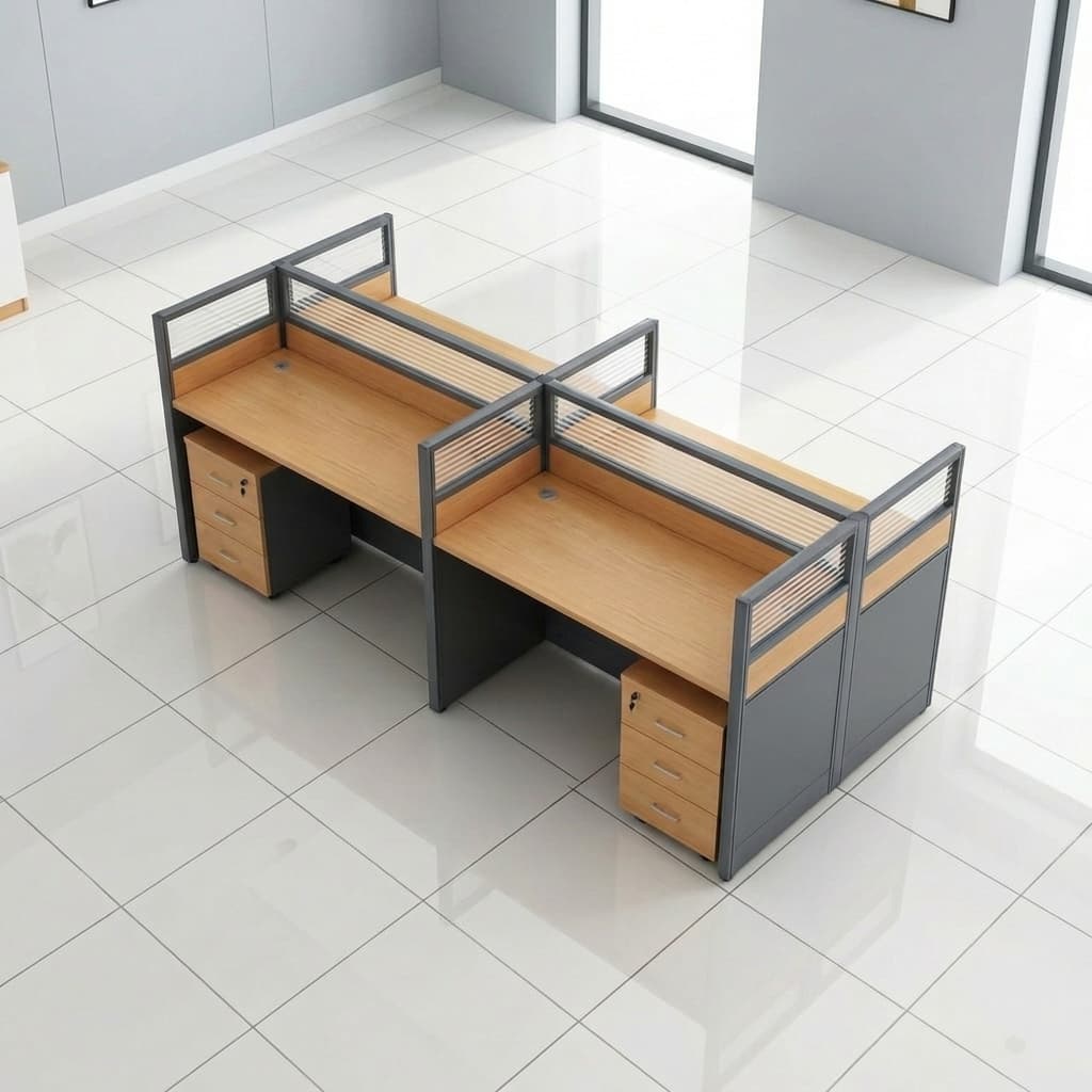 4-way office workstation desk with oak wood finish, privacy glass partitions, and integrated 3-drawer mobile pedestals.