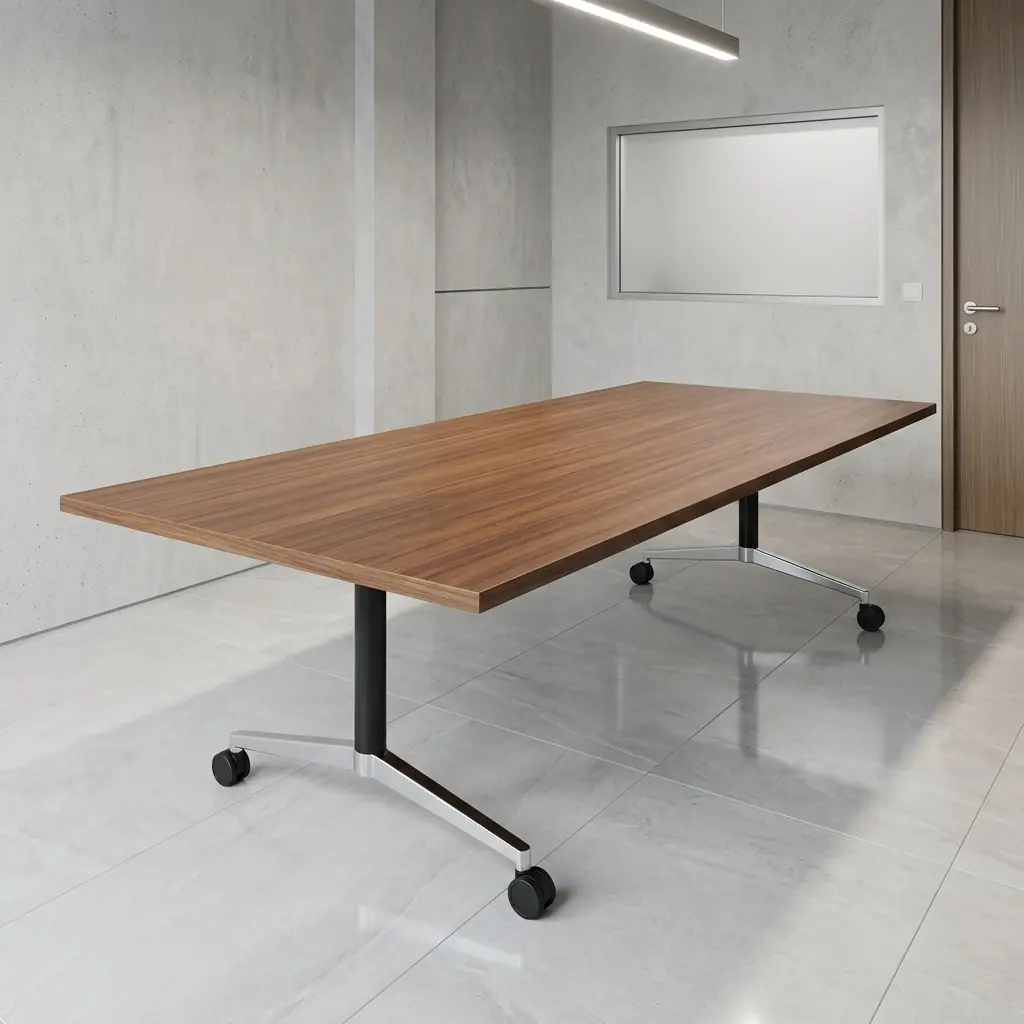 Modern 2.4m foldable conference table in a walnut wood grain finish, shown in a flipped vertical space-saving position with a mobile chrome leg base on wheels.