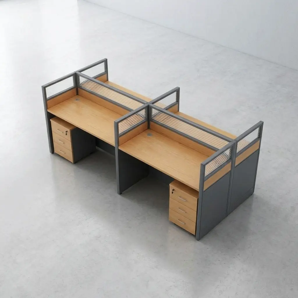 4-way office workstation desk with oak wood finish, privacy glass partitions, and integrated 3-drawer mobile pedestals.