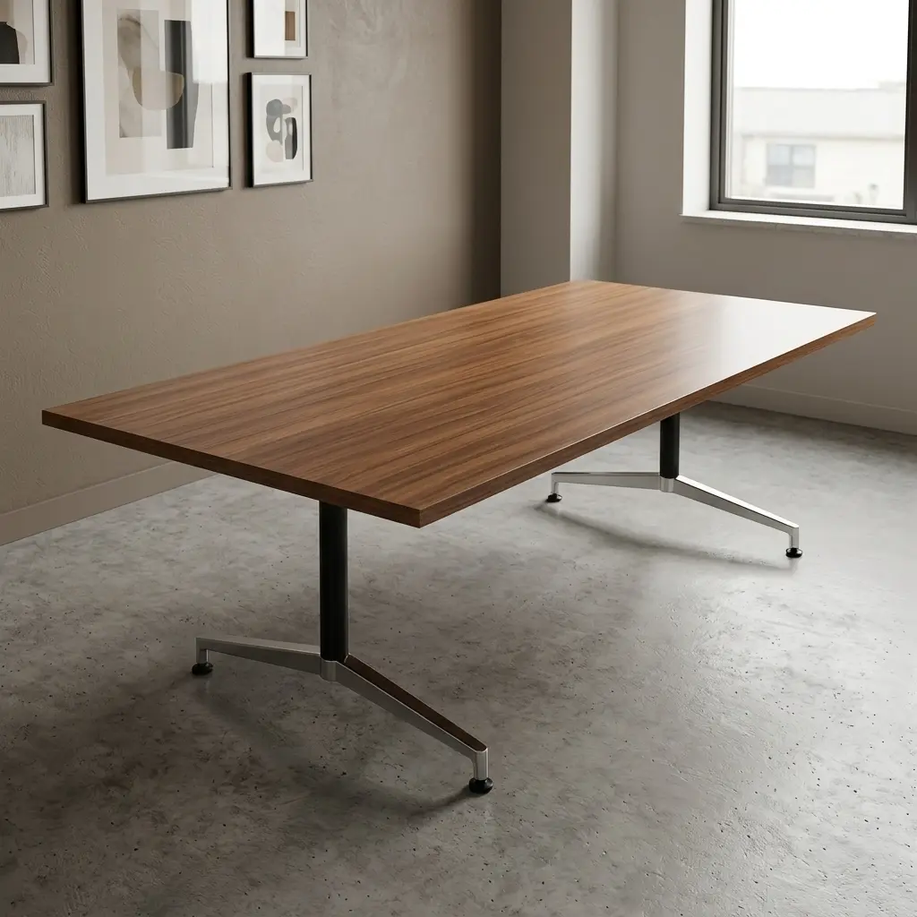 Modern 2.4m foldable conference table in a walnut wood grain finish, shown in a flipped vertical space-saving position with a mobile chrome leg base on wheels.