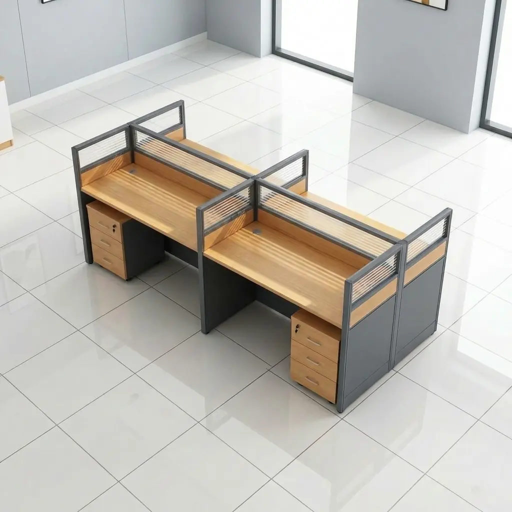 4-way office workstation desk with oak wood finish, privacy glass partitions, and integrated 3-drawer mobile pedestals.
