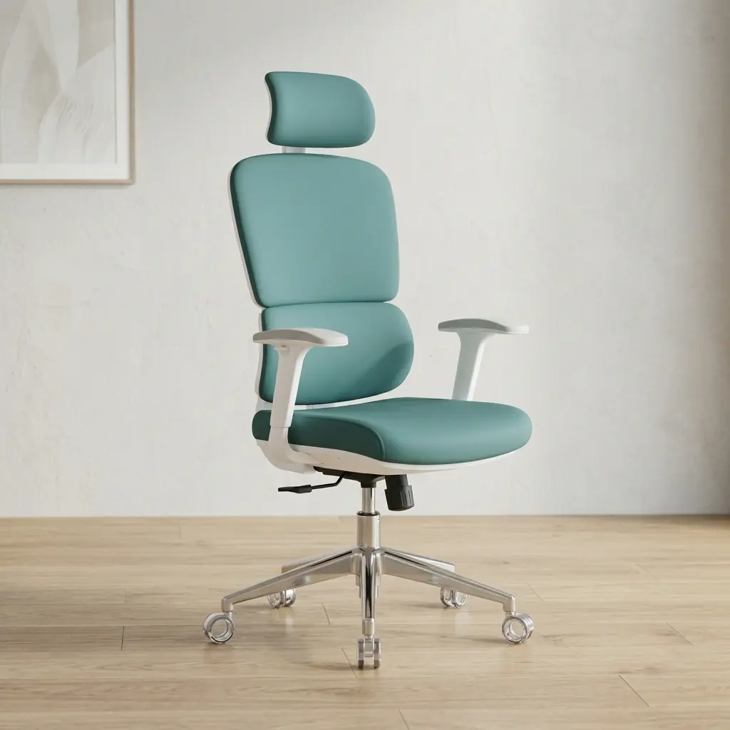 Ergonomic high-back orthopedic office chair in sage green leather featuring an adjustable headrest, integrated lumbar support, a white frame with matching white armrests, and a five-star chrome swivel base.