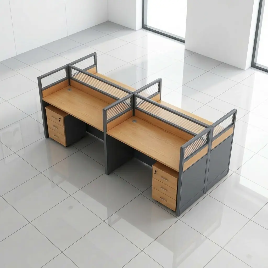 4-way office workstation desk with oak wood finish, privacy glass partitions, and integrated 3-drawer mobile pedestals.