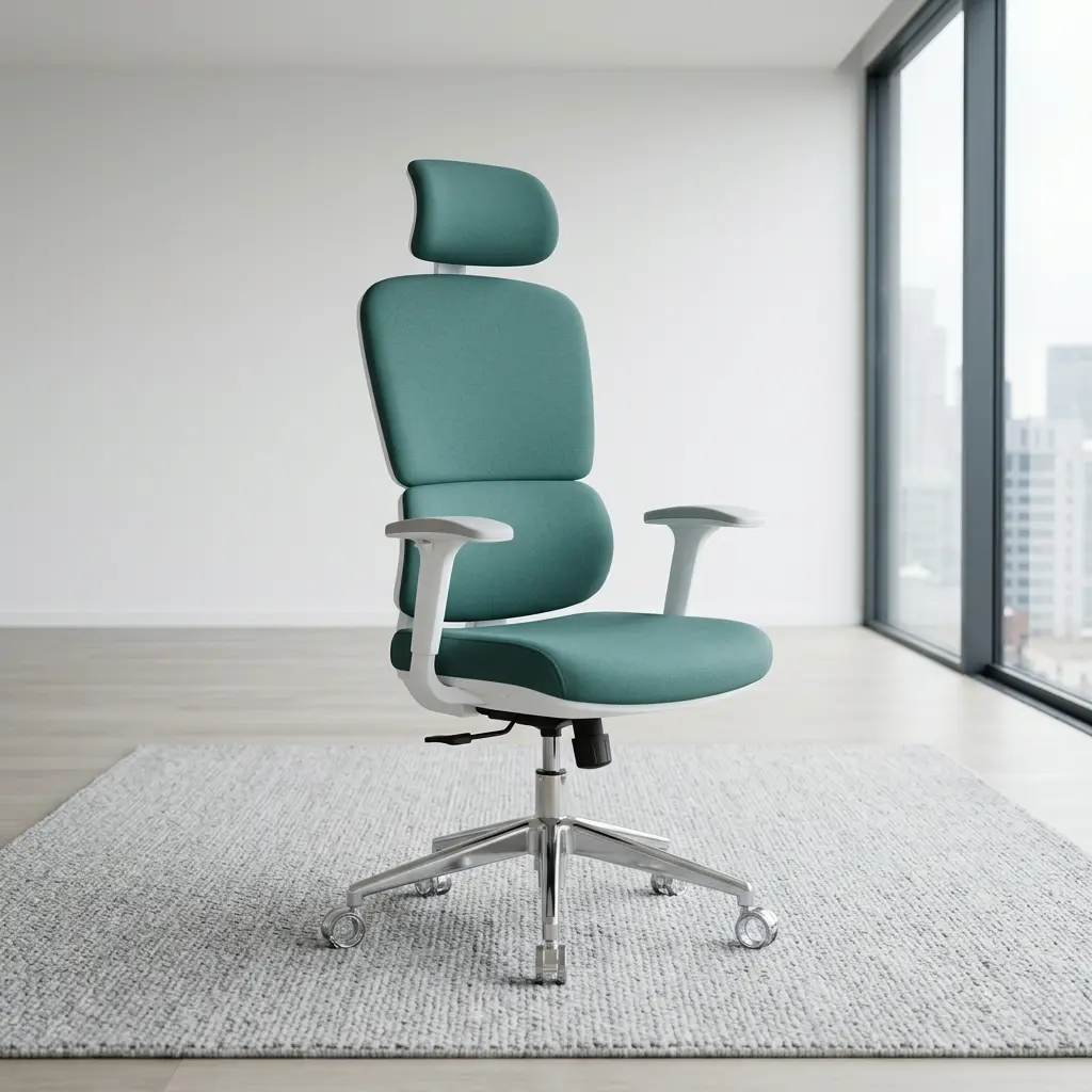 Ergonomic high-back orthopedic office chair in sage green leather featuring an adjustable headrest, integrated lumbar support, a white frame with matching white armrests, and a five-star chrome swivel base.