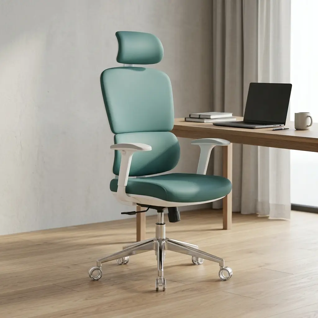 Ergonomic high-back orthopedic office chair in sage green leather featuring an adjustable headrest, integrated lumbar support, a white frame with matching white armrests, and a five-star chrome swivel base.