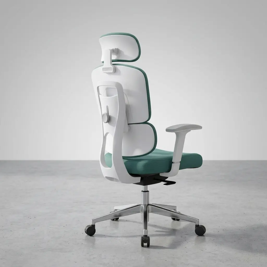 Ergonomic high-back orthopedic office chair in sage green leather featuring an adjustable headrest, integrated lumbar support, a white frame with matching white armrests, and a five-star chrome swivel base.