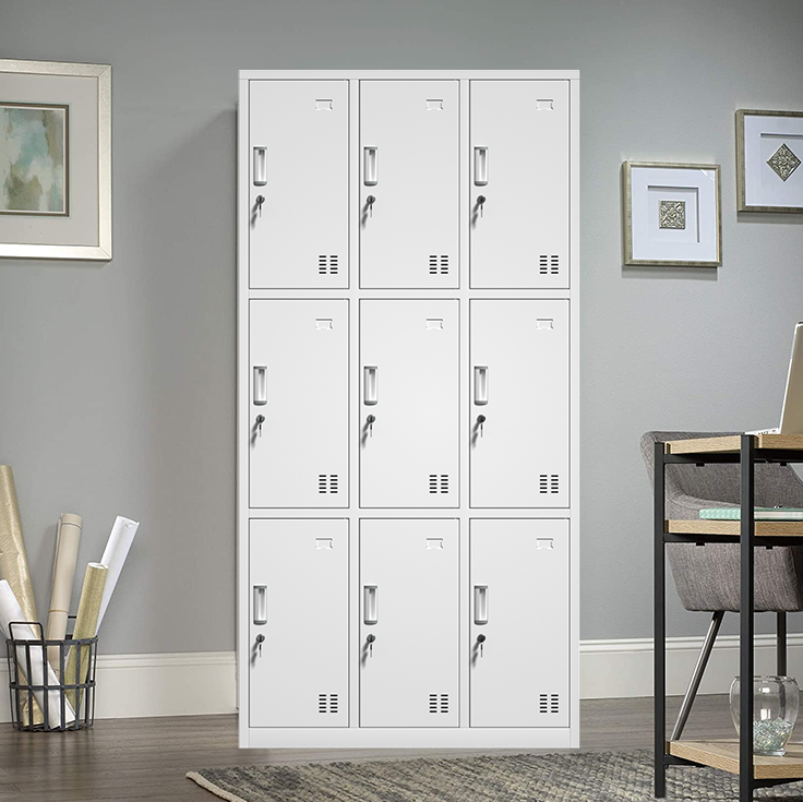 9-locker steel filing cabinet in a clean light grey finish, featuring a three-by-three grid configuration of individual lockable storage compartments, each equipped with a recessed handle, key lock, and lower ventilation slots.