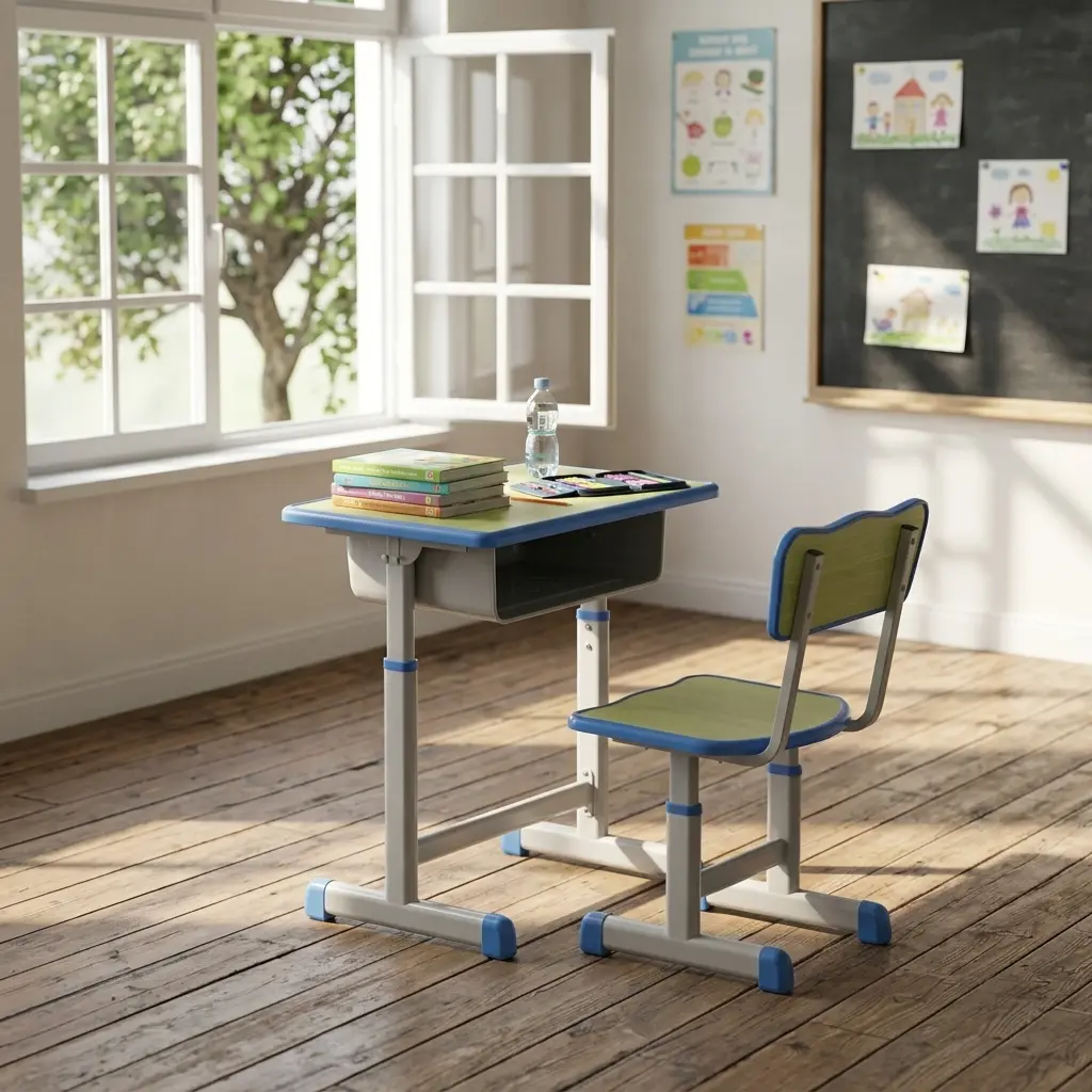 Height adjustable kids study desk and chair set with ergonomic design and blue trim for home or classroom.