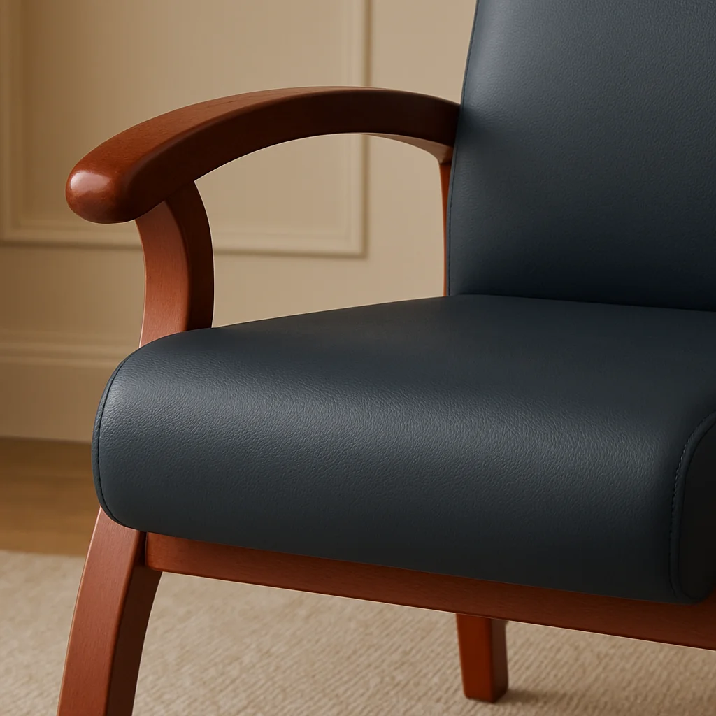 Premium high-back office waiting chair upholstered in stitched black leather, featuring curved cherry wood armrests and a sturdy matching solid wood four-legged frame