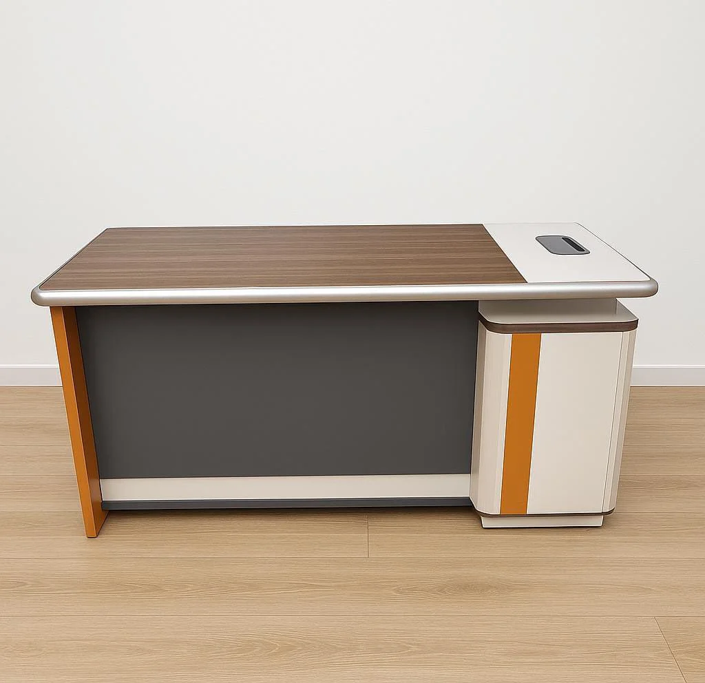 Modern 1.4m straight executive office desk featuring a walnut wood grain tabletop with an integrated cream-colored side panel, a silver cable flip-top box, an orange accent side leg, a dark gray modesty panel, and a left-hand three-drawer locking pedestal.