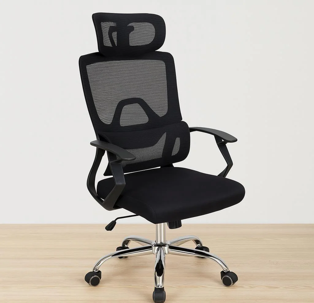 Ergonomic high back office seat featuring a wide mesh headrest, a breathable black mesh backrest with a prominent trapezoidal integrated lumbar support frame, fixed curved T-style armrests, a plush black fabric seat cushion, and a polished chrome five-star swivel base on smooth-rolling casters.