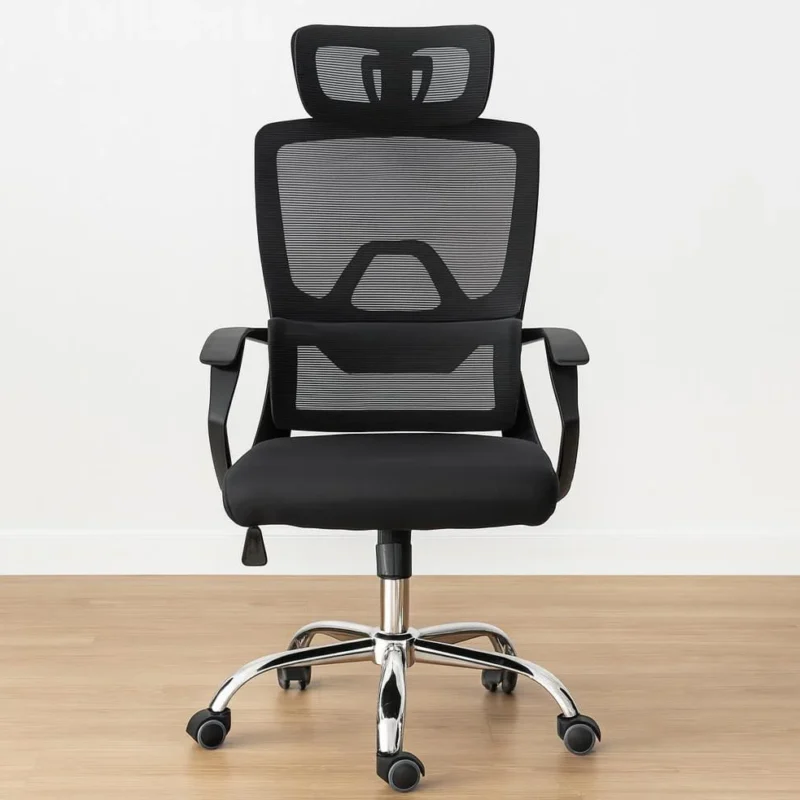 Ergonomic high back office seat featuring a wide mesh headrest, a breathable black mesh backrest with a prominent trapezoidal integrated lumbar support frame, fixed curved T-style armrests, a plush black fabric seat cushion, and a polished chrome five-star swivel base on smooth-rolling casters.