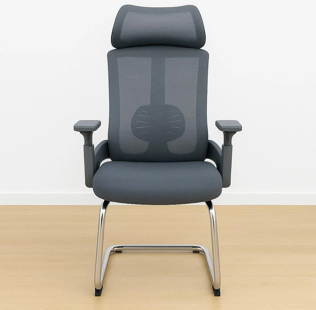 Modern gray mesh high-back waiting visitor chair featuring an integrated wide headrest, built-in lumbar support, adjustable T-shaped armrests, a cushioned gray seat, and a polished chrome cantilever sled base.