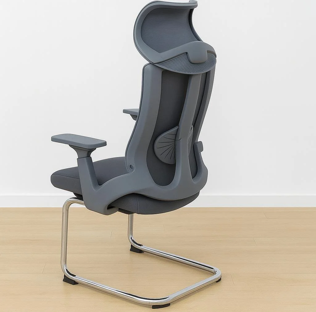 Modern gray mesh high-back waiting visitor chair featuring an integrated wide headrest, built-in lumbar support, adjustable T-shaped armrests, a cushioned gray seat, and a polished chrome cantilever sled base.