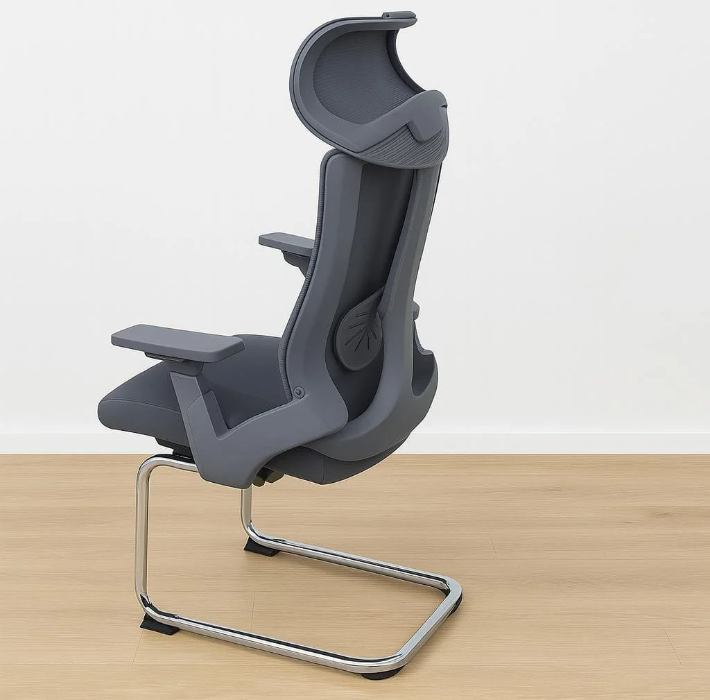 Modern gray mesh high-back waiting visitor chair featuring an integrated wide headrest, built-in lumbar support, adjustable T-shaped armrests, a cushioned gray seat, and a polished chrome cantilever sled base.