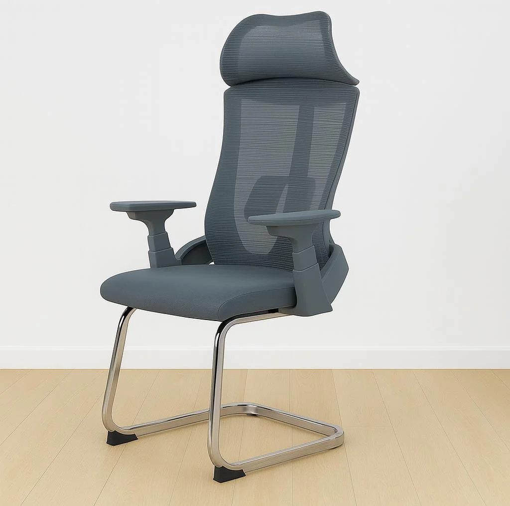 Modern gray mesh high-back waiting visitor chair featuring an integrated wide headrest, built-in lumbar support, adjustable T-shaped armrests, a cushioned gray seat, and a polished chrome cantilever sled base.