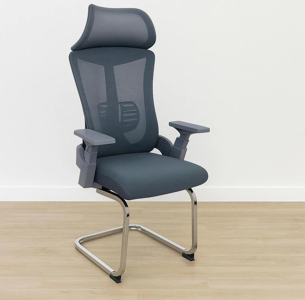 Modern gray mesh high-back waiting visitor chair featuring an integrated wide headrest, built-in lumbar support, adjustable T-shaped armrests, a cushioned gray seat, and a polished chrome cantilever sled base.