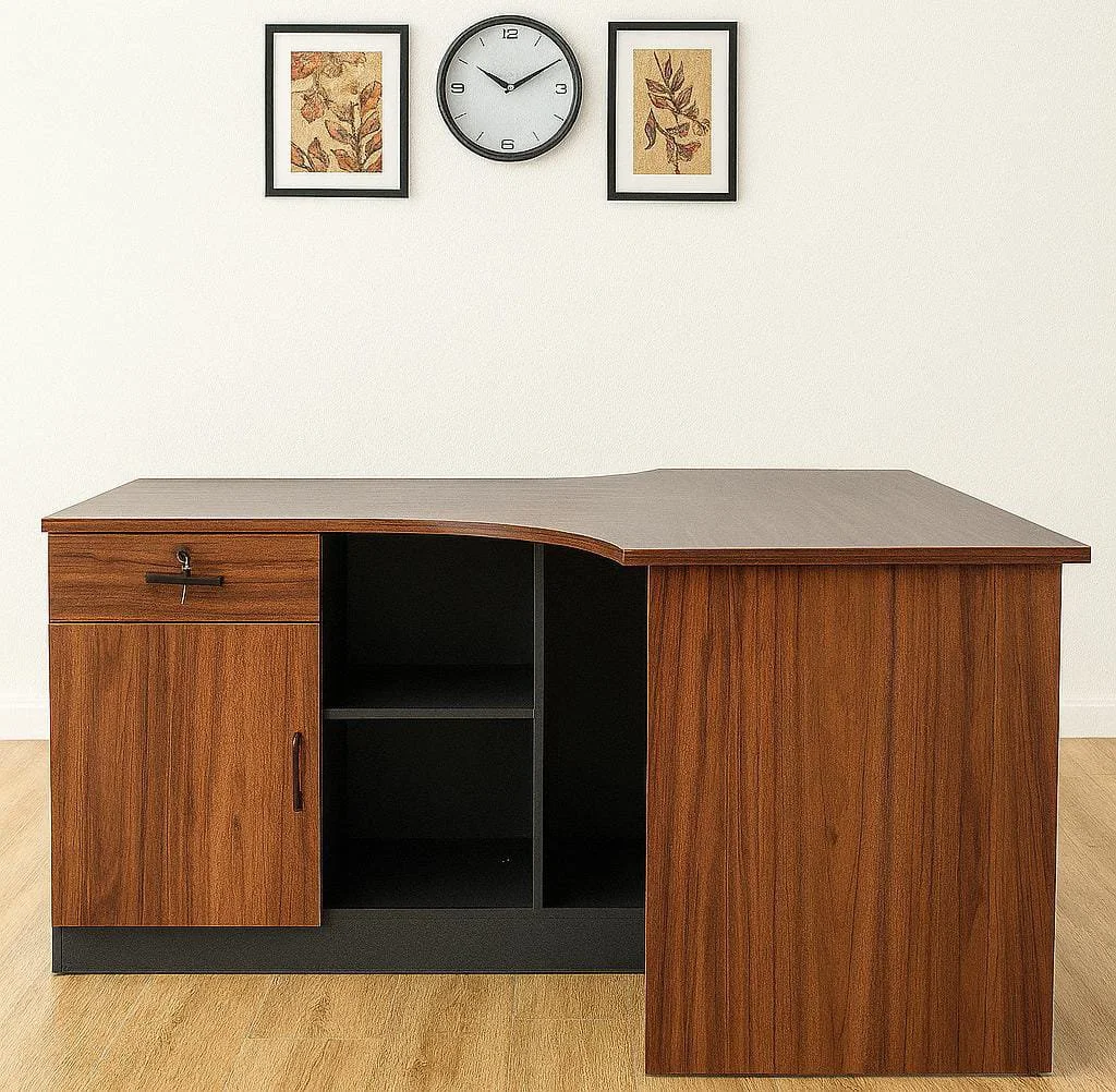 Modern 1.4m curved executive office desk in a rich walnut wood grain and charcoal gray finish, featuring an integrated right-hand return with a locking drawer, a storage cabinet, open shelving, and a dark modesty panel with silver accents.