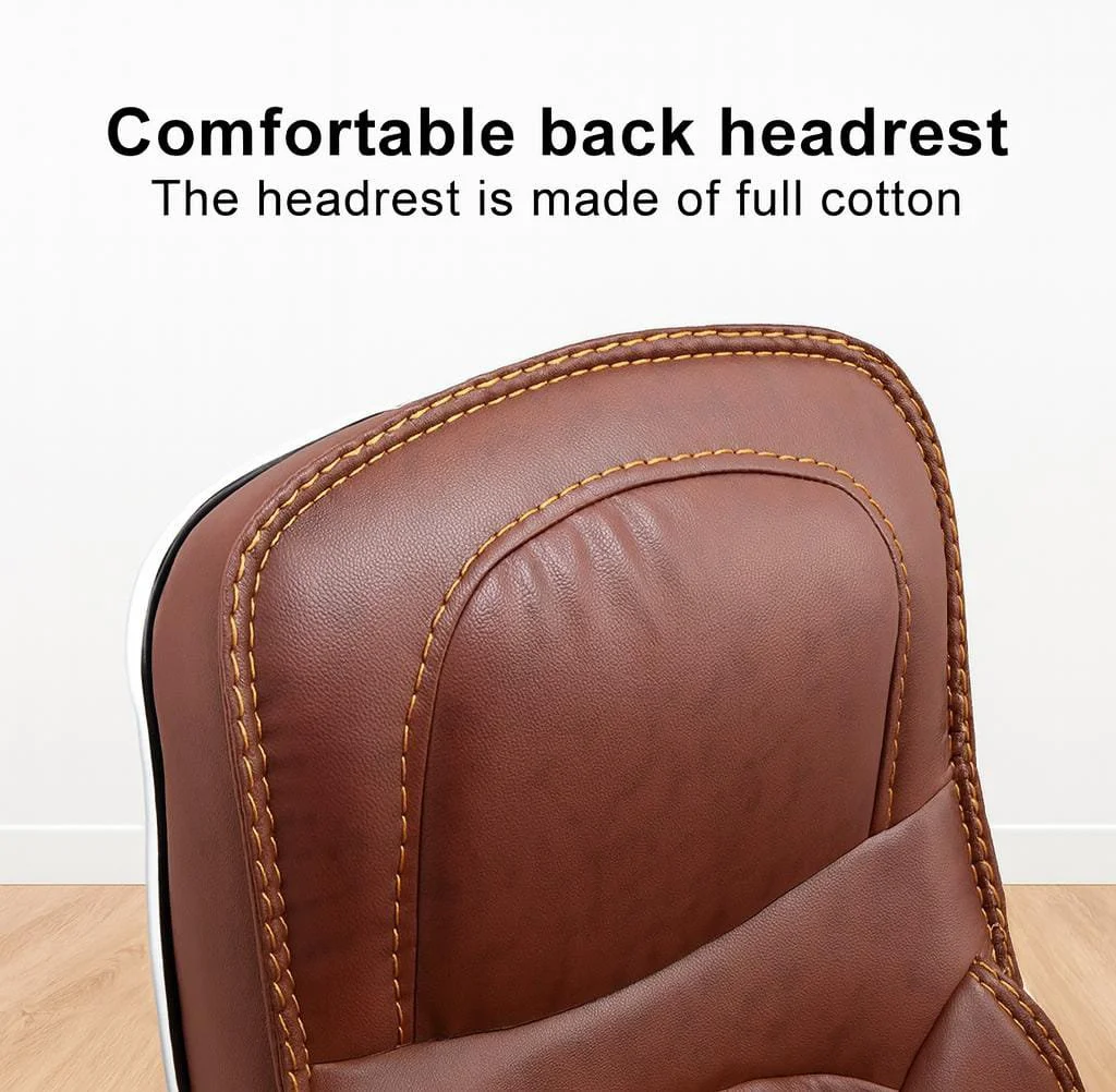 High-back executive office chair upholstered in brown leather, featuring contoured lumbar padding, adjustable black T-shaped armrests, a pneumatic gas lift lever, and a polished chrome 5-star swivel base with caster wheels.