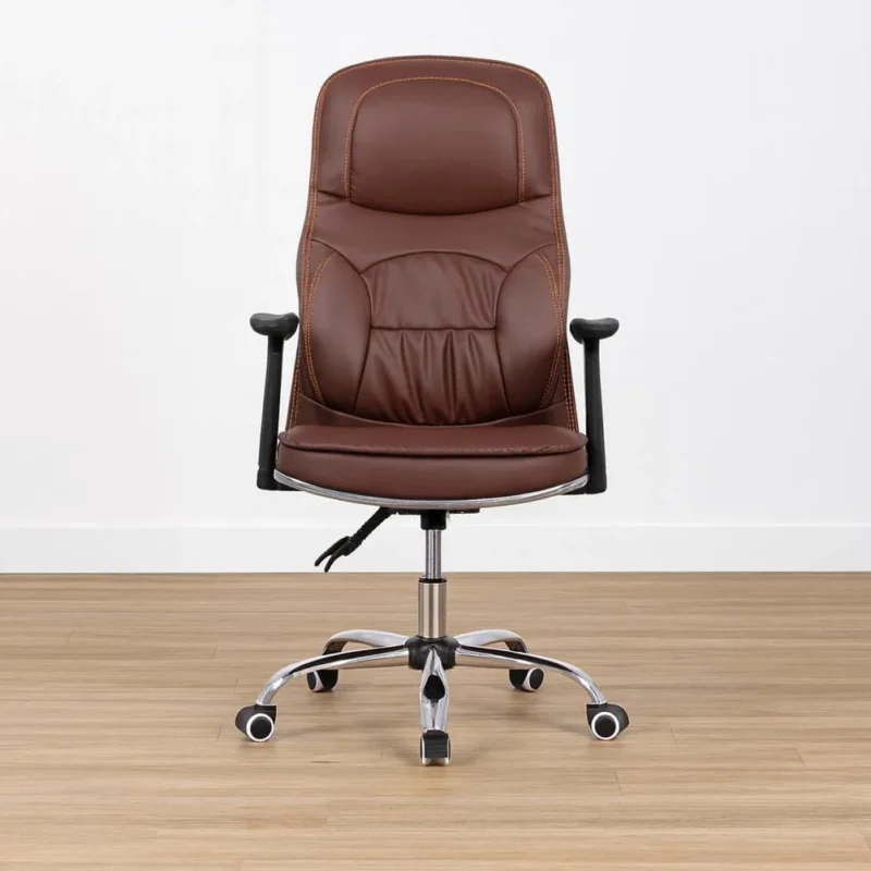 High-back executive office chair upholstered in brown leather, featuring contoured lumbar padding, adjustable black T-shaped armrests, a pneumatic gas lift lever, and a polished chrome 5-star swivel base with caster wheels.