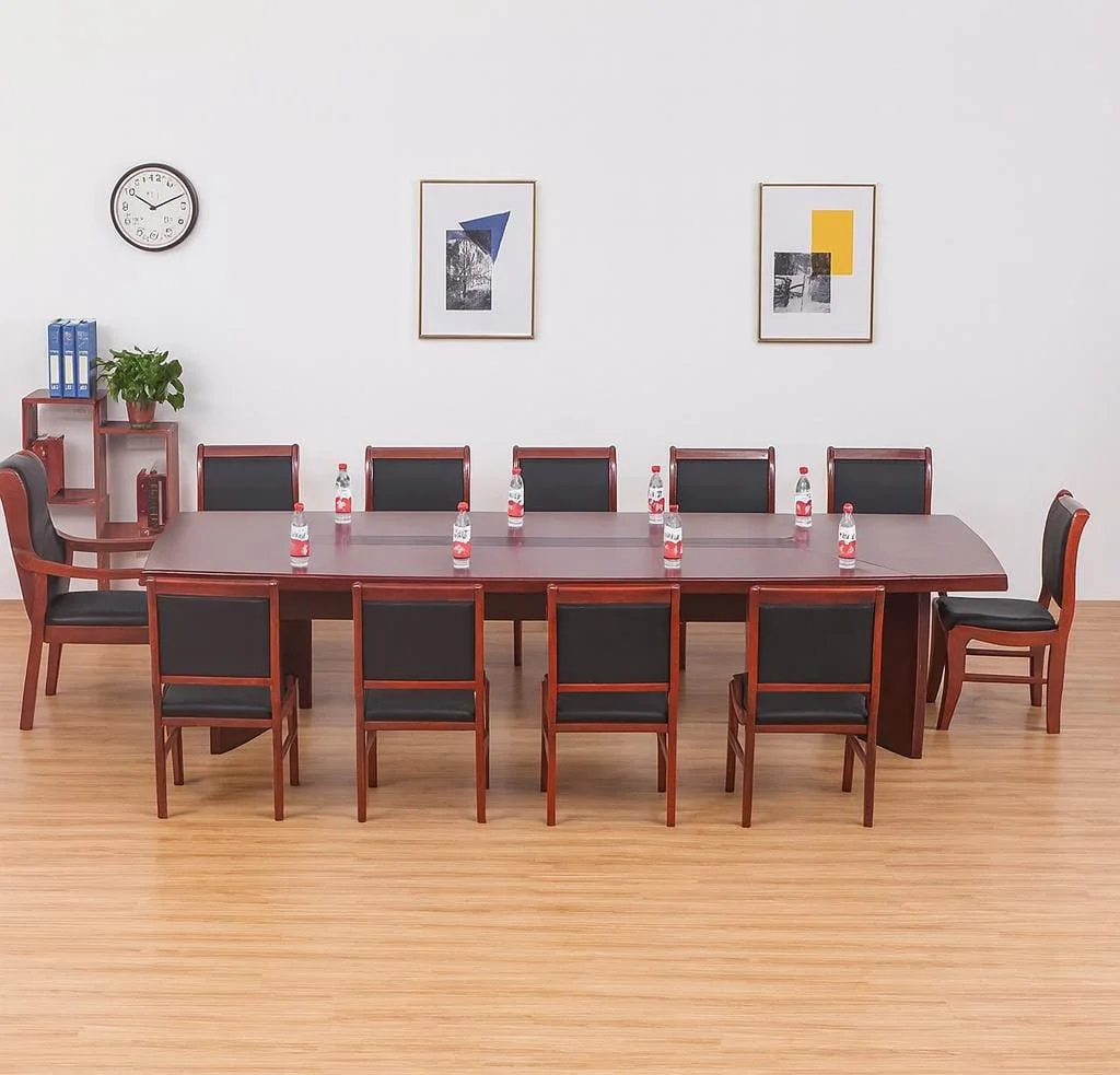 Large 3.5m boat-shaped conference table in a rich cherry wood veneer finish, featuring a paneled tabletop design with a central black wire management flip-top grommet rail and three sturdy V-shaped slab legs.