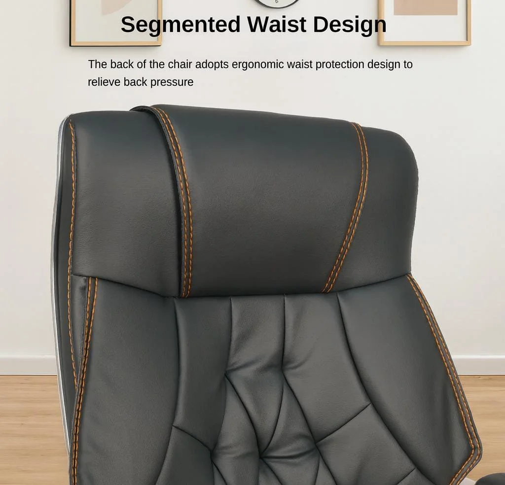 Premium high-back executive office chair in black tufted leather featuring contrasting orange stitching, padded silver loop armrests, and a polished chrome 5-star swivel base with caster wheels.