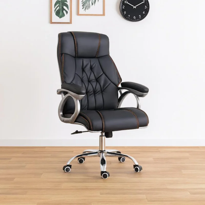 Premium high-back executive office chair in black tufted leather featuring contrasting orange stitching, padded silver loop armrests, and a polished chrome 5-star swivel base with caster wheels.