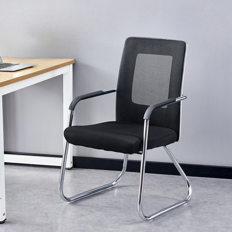 Mid back mesh visitor seat featuring a rectangular black mesh backrest with a semi-transparent center panel, a thick contoured black fabric padded seat cushion, sloped chrome armrests with black polymer arm pads, and a polished chrome tubular metal cantilever sled base equipped with clear floor glides.