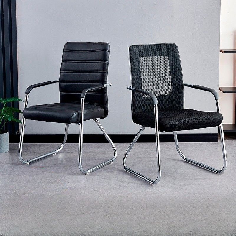 Mid back mesh visitor seat featuring a rectangular black mesh backrest with a semi-transparent center panel, a thick contoured black fabric padded seat cushion, sloped chrome armrests with black polymer arm pads, and a polished chrome tubular metal cantilever sled base equipped with clear floor glides.