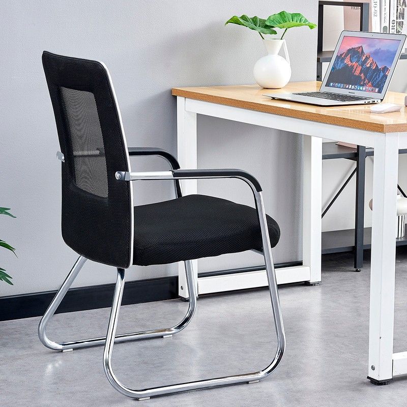 Mid back mesh visitor seat featuring a rectangular black mesh backrest with a semi-transparent center panel, a thick contoured black fabric padded seat cushion, sloped chrome armrests with black polymer arm pads, and a polished chrome tubular metal cantilever sled base equipped with clear floor glides.