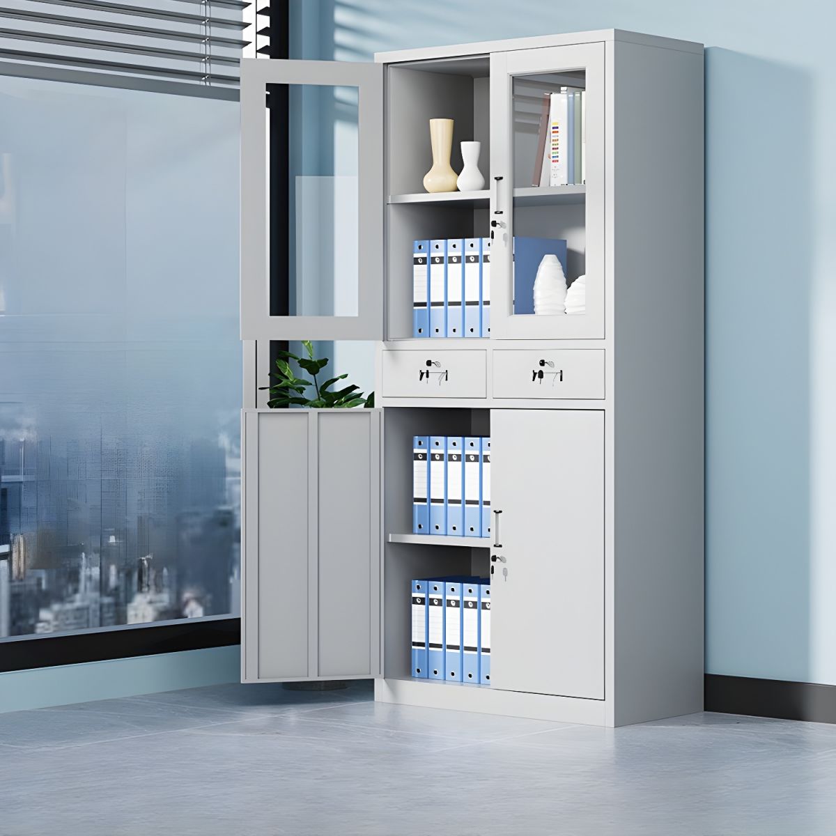 Half glass steel filing cabinet in a clean white powder-coated finish, featuring a top section with twin glass-panelled swing doors and a key lock, a middle section with two side-by-side drawers equipped with built-in label holders and individual locks, and a lower section with two solid steel swing doors under a central key lock system.