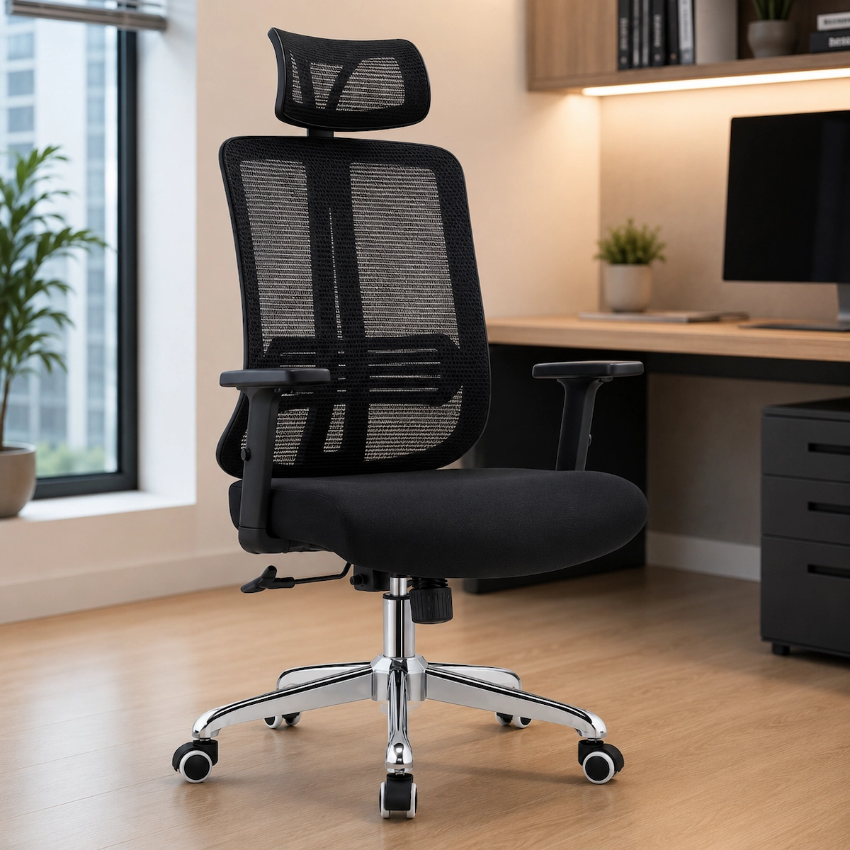 Orthopedic Executive Mesh Chair featuring an adjustable, wide mesh headrest, a high-back breathable black mesh backrest with a prominent vertical spinal spine frame and integrated lumbar support strip, adjustable T-shaped armrests, a padded black fabric seat cushion, and a polished chrome five-star swivel base on rolling dual-wheel casters.