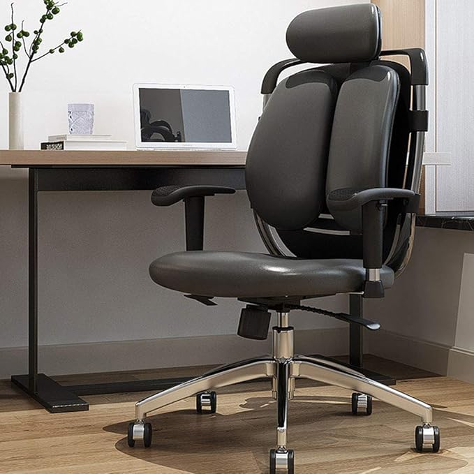 Premium ergonomic high-back executive office chair upholstered in black leather, featuring a unique split dual-backrest system, an adjustable curved headrest, multi-directional armrests, an exposed chrome frame spine, and a 5-star rolling aluminum base.