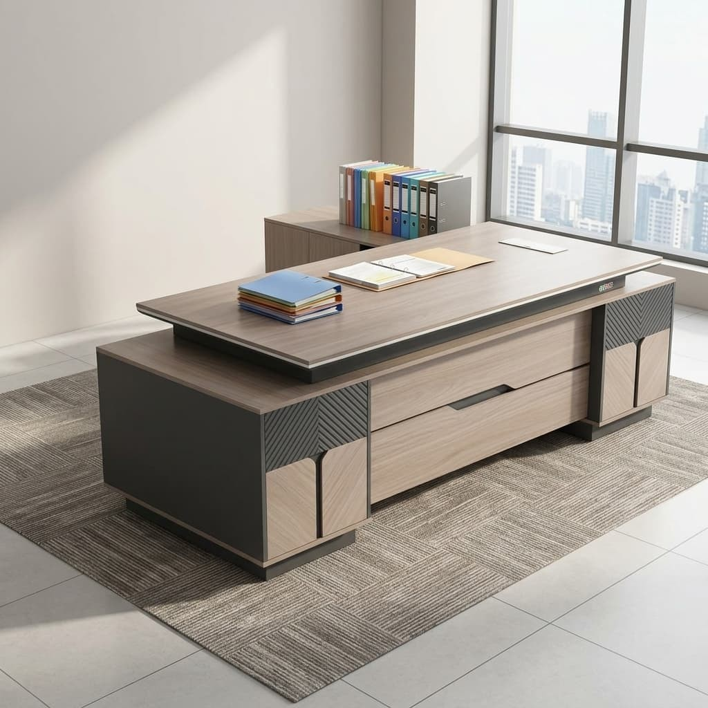 2.4m managerial executive desk in an L-shaped configuration featuring a light oak wood grain melamine floating tabletop with an embedded silver rectangular cable flip-box, an integrated charcoal grey side return credenza, and a textured front modesty panel accented with fluted dark grey panels and wood-toned cabinet facades.