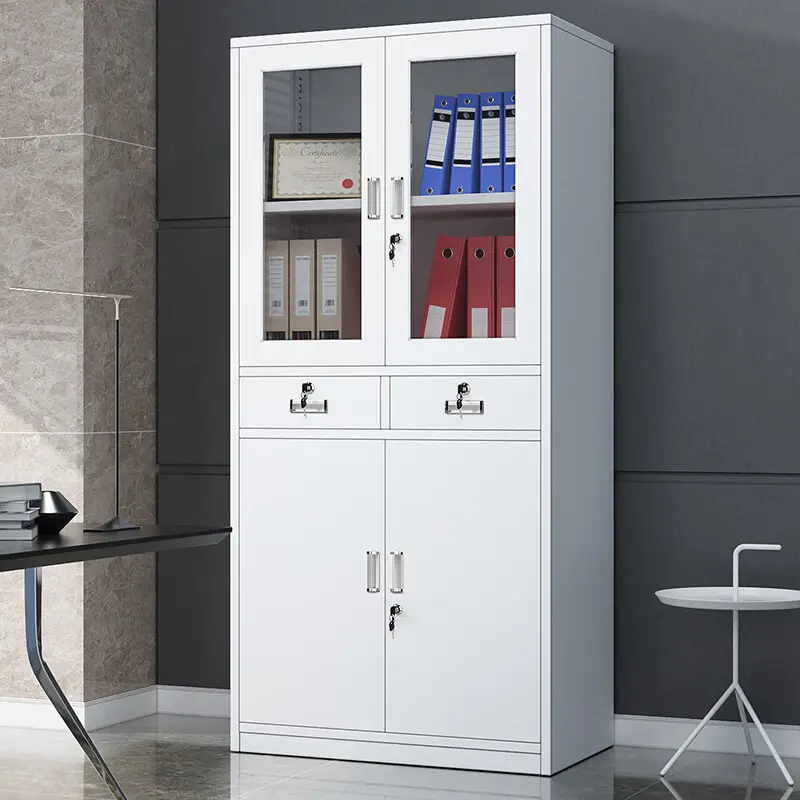 Half glass steel filing cabinet in a clean white powder-coated finish, featuring a top section with twin glass-panelled swing doors and a key lock, a middle section with two side-by-side drawers equipped with built-in label holders and individual locks, and a lower section with two solid steel swing doors under a central key lock system.