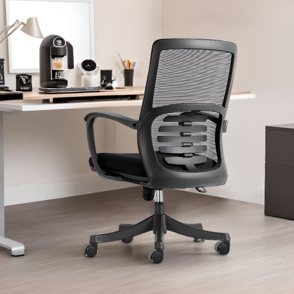 Swivel Ergonomic Office Task Chair featuring a mid-back black mesh backrest with a visible skeletonized lumbar support structure, fixed black polymer loop armrests, a contoured black fabric padded seat cushion, an under-seat pneumatic height adjustment lever, and a five-star black nylon swivel base on dual-wheel casters.