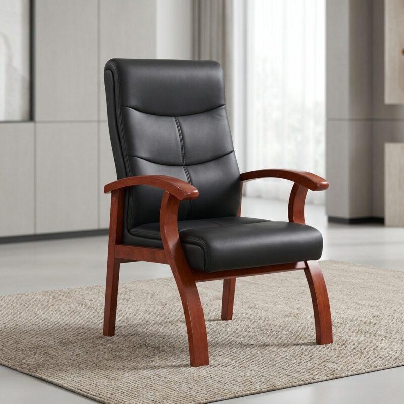 Premium high-back office waiting chair upholstered in stitched black leather, featuring curved cherry wood armrests and a sturdy matching solid wood four-legged frame