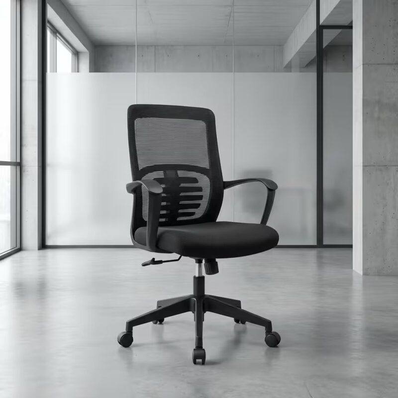 Swivel Ergonomic Office Task Chair featuring a mid-back black mesh backrest with a visible skeletonized lumbar support structure, fixed black polymer loop armrests, a contoured black fabric padded seat cushion, an under-seat pneumatic height adjustment lever, and a five-star black nylon swivel base on dual-wheel casters.