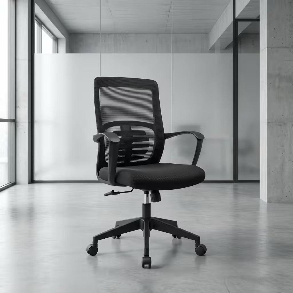 Swivel Ergonomic Office Task Chair featuring a mid-back black mesh backrest with a visible skeletonized lumbar support structure, fixed black polymer loop armrests, a contoured black fabric padded seat cushion, an under-seat pneumatic height adjustment lever, and a five-star black nylon swivel base on dual-wheel casters.
