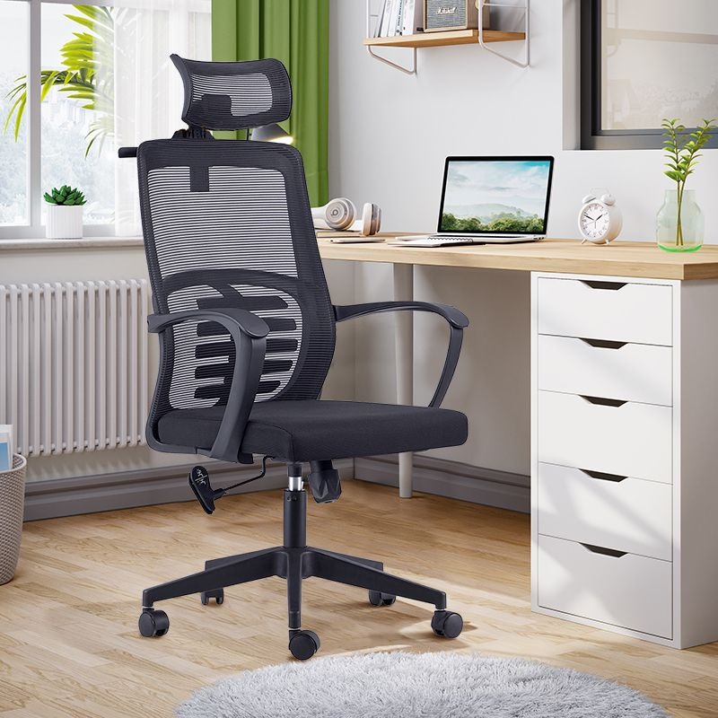 Modern Ergonomic Office Staff Chair featuring a wide adjustable mesh headrest, a high-back breathable black mesh backrest with a prominent, multi-slat horizontal lumbar support guard, fixed curved loop armrests, a contoured black fabric seat cushion, and a matte black five-star nylon swivel base on rolling casters.