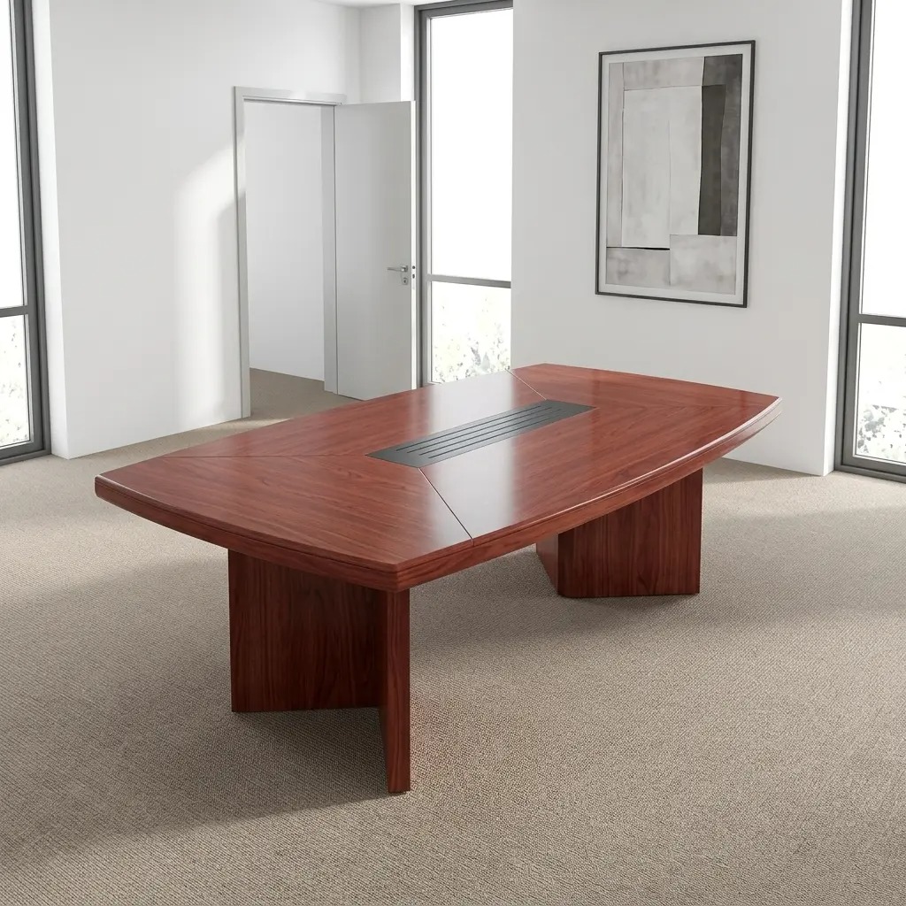 8-seater conference table showcasing a boat-shaped tabletop in a polished reddish-brown cherry wood veneer finish, featuring a central black slatted cable management wire grommet strip and multi-directional wood grain patchwork panels, all supported by two heavy-duty matching wood slab pedestal bases.