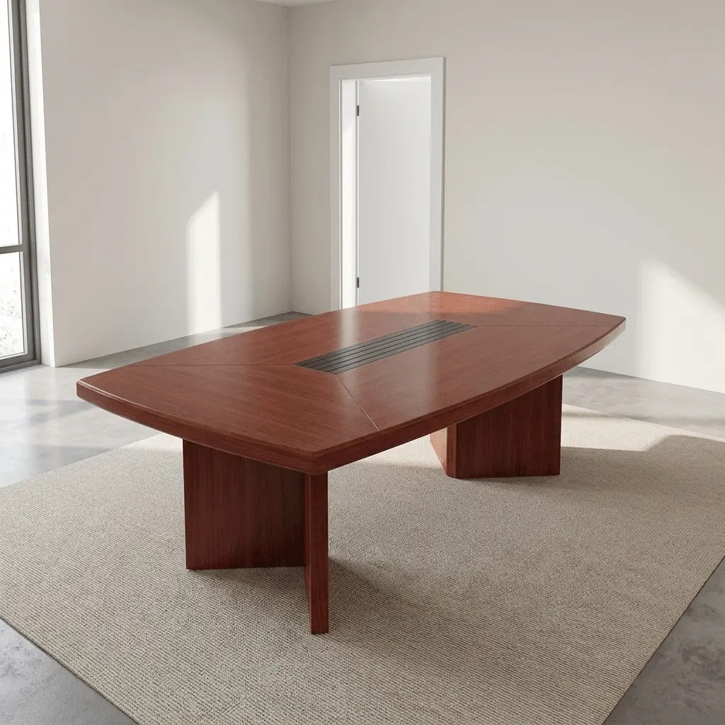8-seater conference table showcasing a boat-shaped tabletop in a polished reddish-brown cherry wood veneer finish, featuring a central black slatted cable management wire grommet strip and multi-directional wood grain patchwork panels, all supported by two heavy-duty matching wood slab pedestal bases.