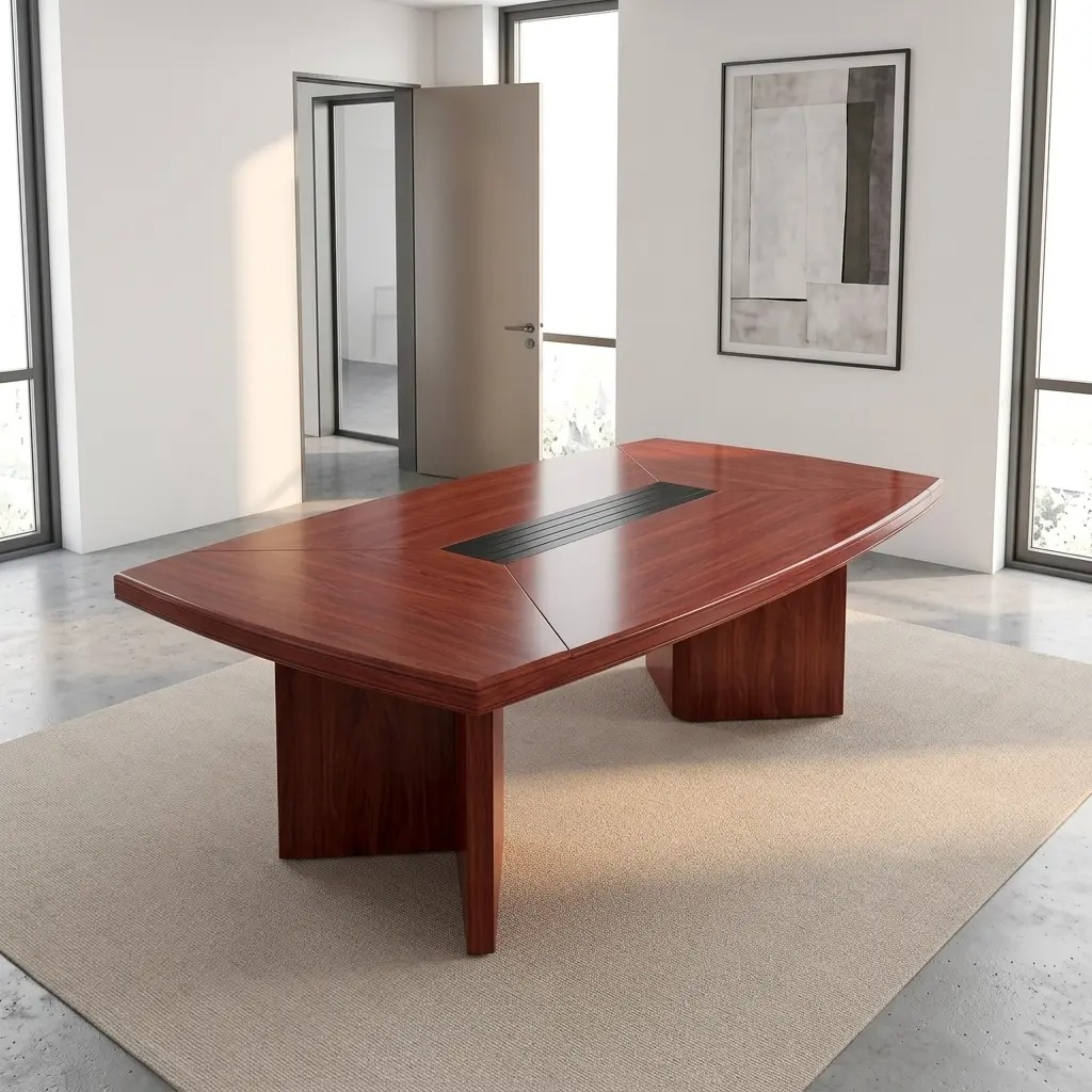 2.0m meeting conference table featuring a sleek boat-shaped tabletop in a polished reddish-brown cherry wood veneer, styled with an integrated central black slatted cable management wire grommet panel and geometric wood grain patchwork, supported by two heavy-duty matching wood slab pedestal bases.