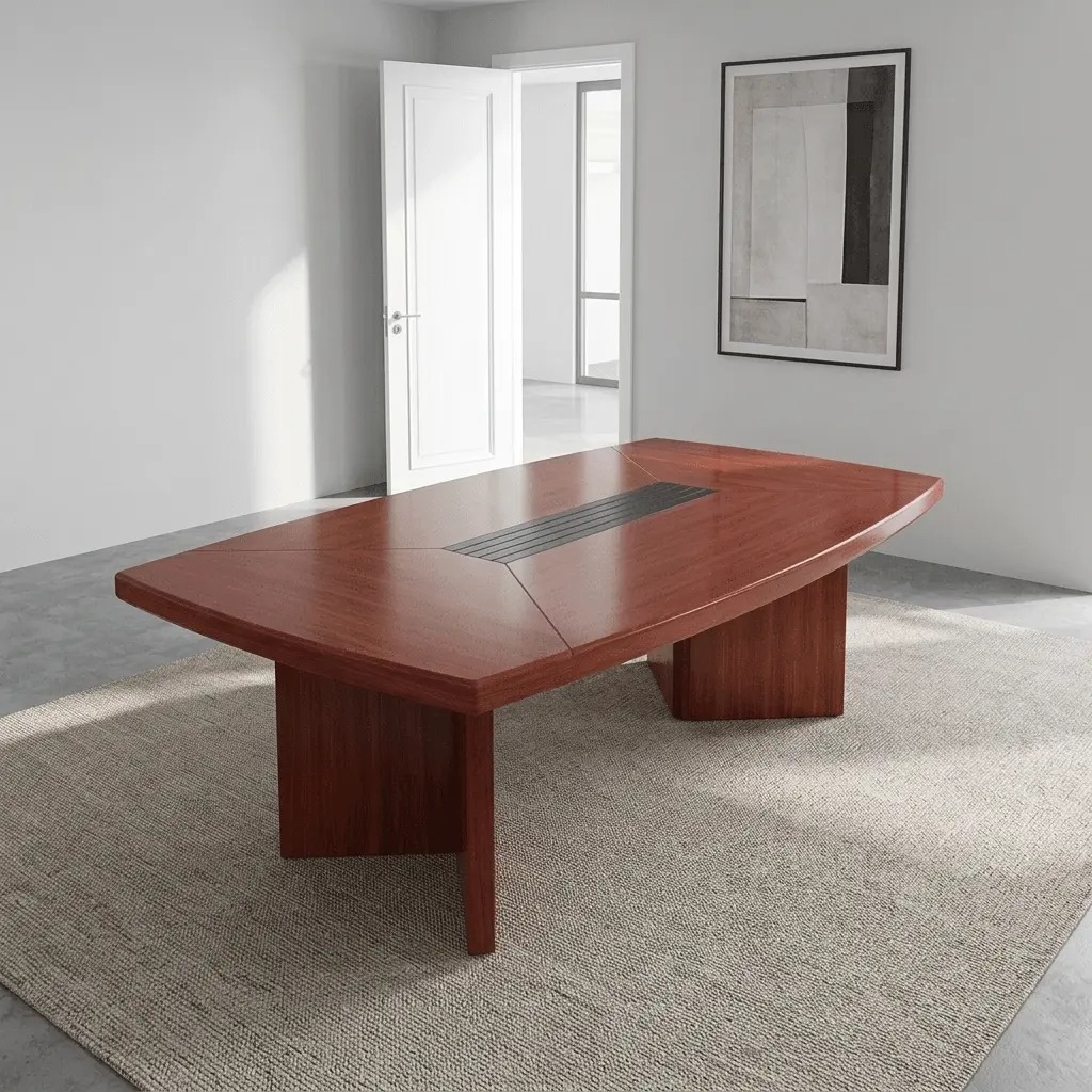 2.0m meeting conference table featuring a sleek boat-shaped tabletop in a polished reddish-brown cherry wood veneer, styled with an integrated central black slatted cable management wire grommet panel and geometric wood grain patchwork, supported by two heavy-duty matching wood slab pedestal bases.